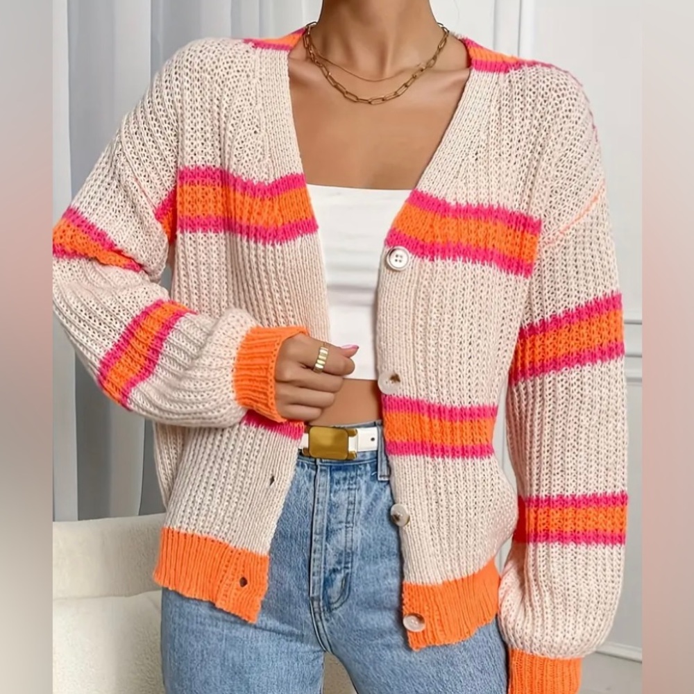 Cider S/M Women’s Knit Cardigan Sweater Button Cream Pink Orange Size Small NEW